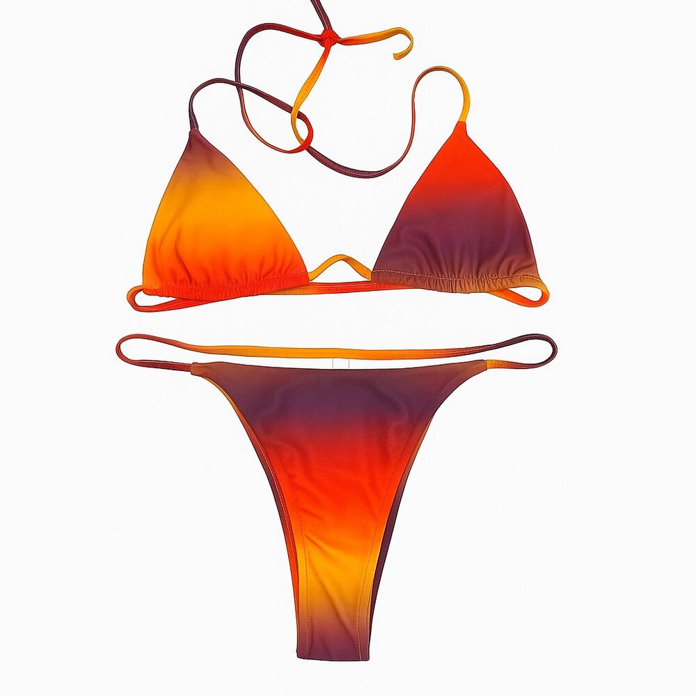 Ombre Triangle Bikini Set L Red Orange Yellow Gradient Swimwear